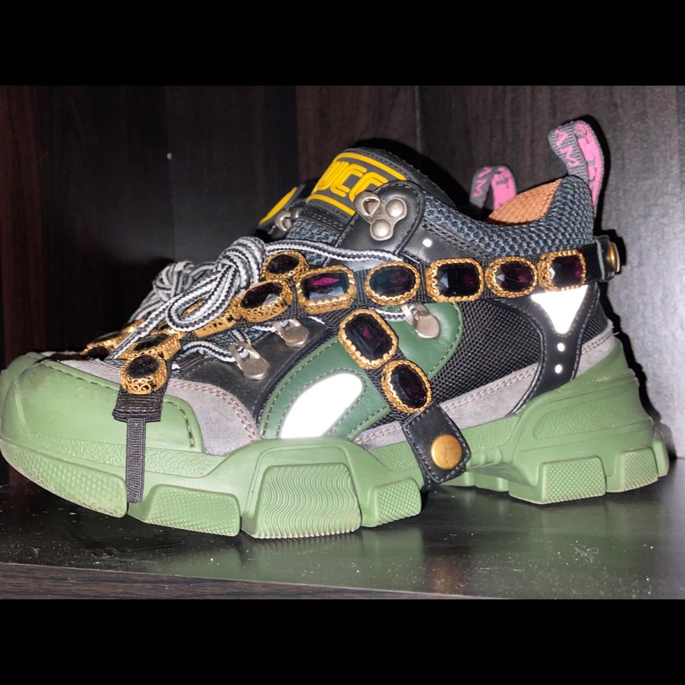 Gucci Green Black Multi-Trim Jeweled Flatform Sneaker